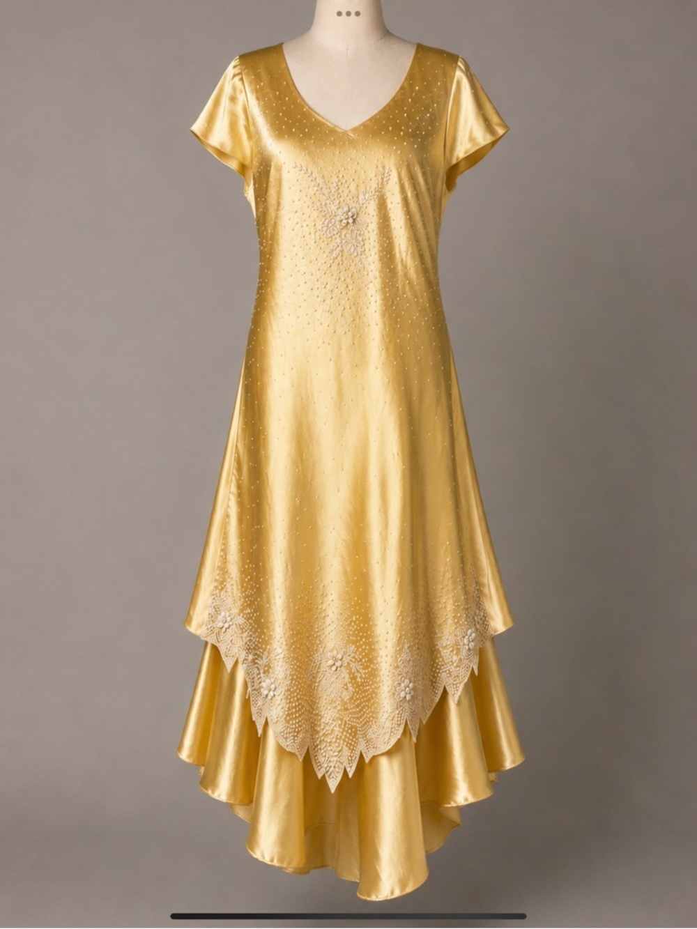 Vintage Rory USA Gold Beaded Satin Bias Cut Evening Dress 14